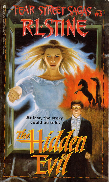 a creepy boy and a ghostly woman and some horses that are next to a fire - Fear Street Sagas #5: The Hidden Evil by R. L. Stine